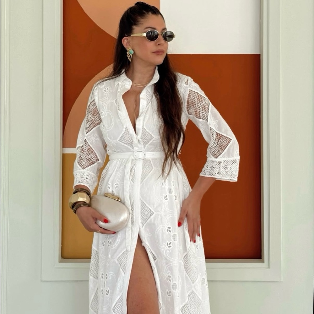 Sara white lace long sleeve maxi dress with waist belt boho summer vacation - Picture 6 of 16